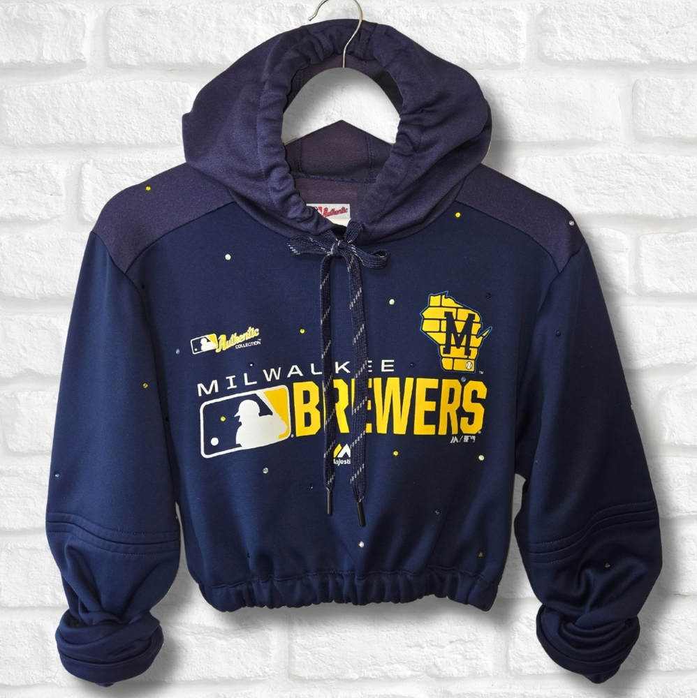 Milwaukee Brewers Navy Crop Hoodie W/Rhinestones